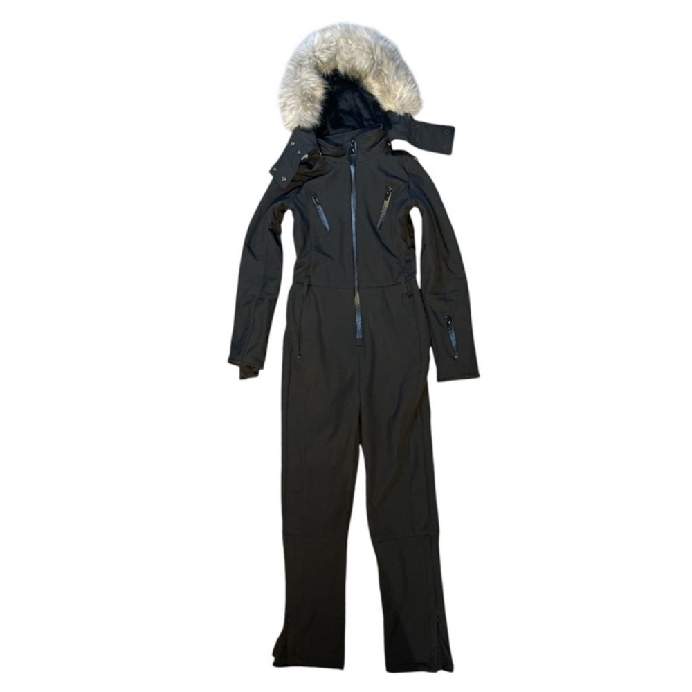 TOPSHOP SNO Blk Ski Suit Shell Fur trimmed hood no belt Jumpsuit Onesie Size 12